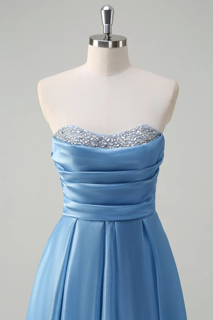 Dress Sparkly Blue Sweetheart A-Line Maxi Dress Prom Dress Sleeveless Pleated Satin Evening Dress