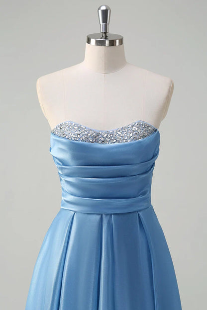 Dress Sparkly Blue Sweetheart A-Line Maxi Dress Prom Dress Sleeveless Pleated Satin Evening Dress