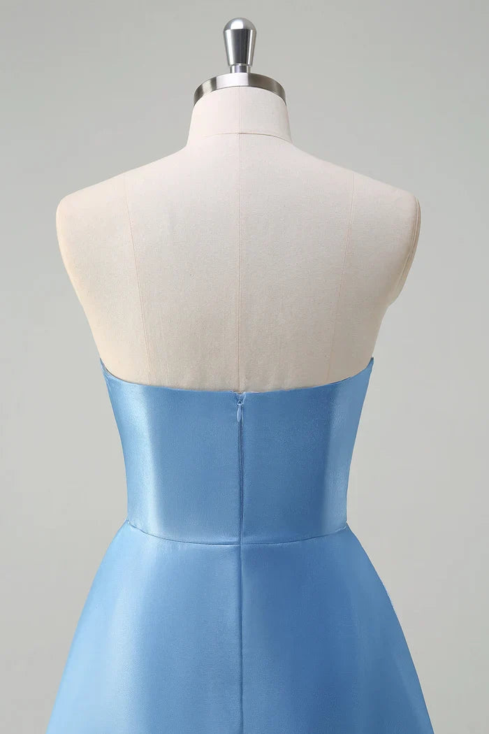 Dress Sparkly Blue Sweetheart A-Line Maxi Dress Prom Dress Sleeveless Pleated Satin Evening Dress