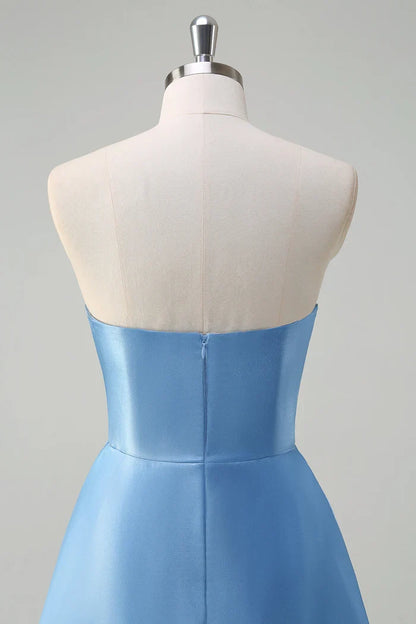 Dress Sparkly Blue Sweetheart A-Line Maxi Dress Prom Dress Sleeveless Pleated Satin Evening Dress