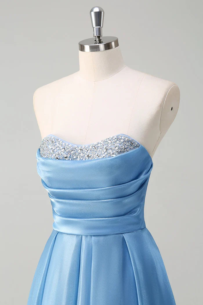 Dress Sparkly Blue Sweetheart A-Line Maxi Dress Prom Dress Sleeveless Pleated Satin Evening Dress