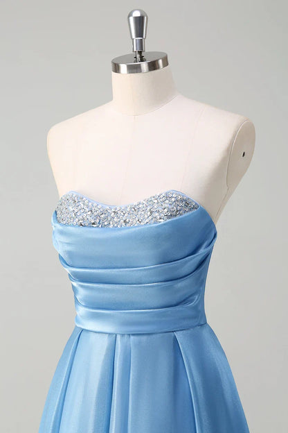 Dress Sparkly Blue Sweetheart A-Line Maxi Dress Prom Dress Sleeveless Pleated Satin Evening Dress