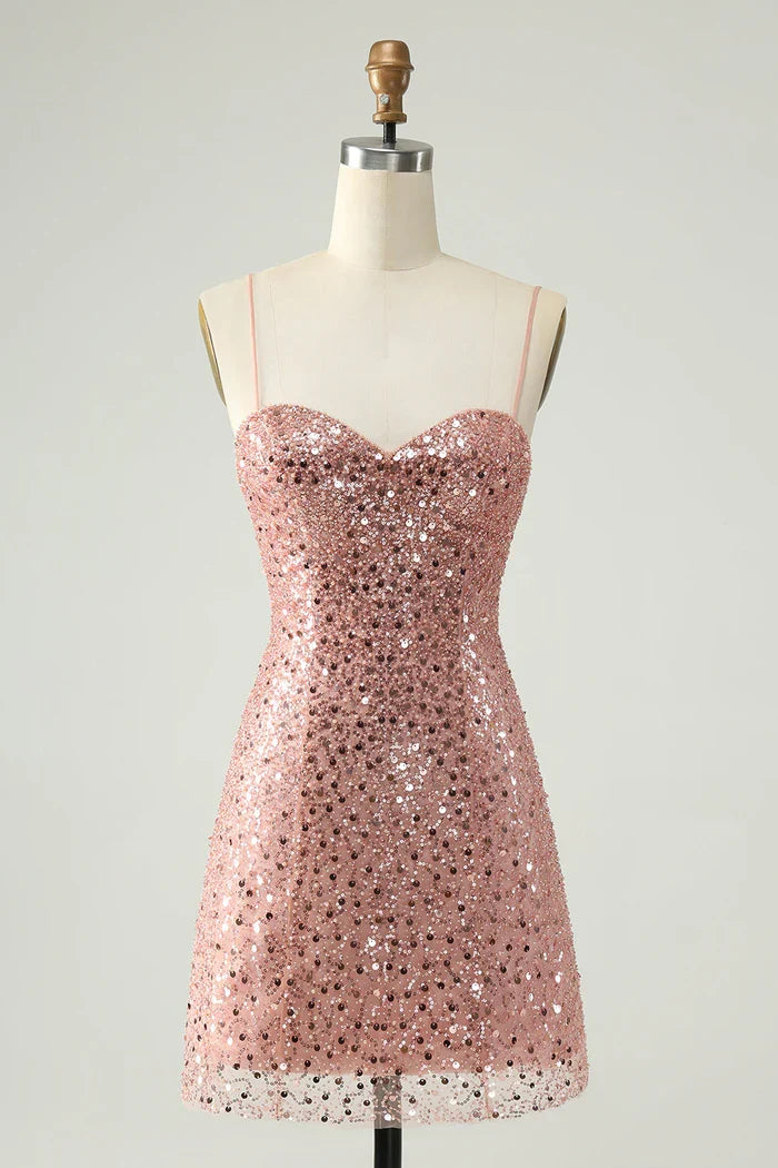 Dress Sparkly Blush Spaghetti Straps A Line Short Homecoming Dress Sleeveless Sequins Party Dress