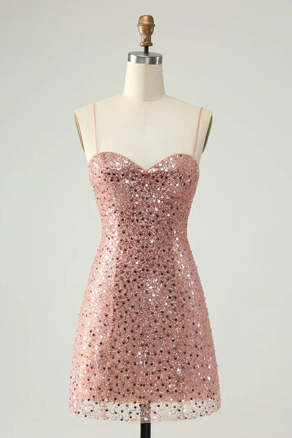 Dress Sparkly Blush Spaghetti Straps A Line Short Homecoming Dress Sleeveless Sequins Party Dress