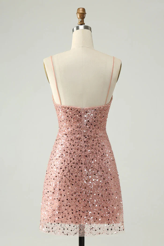 Dress Sparkly Blush Spaghetti Straps A Line Short Homecoming Dress Sleeveless Sequins Party Dress