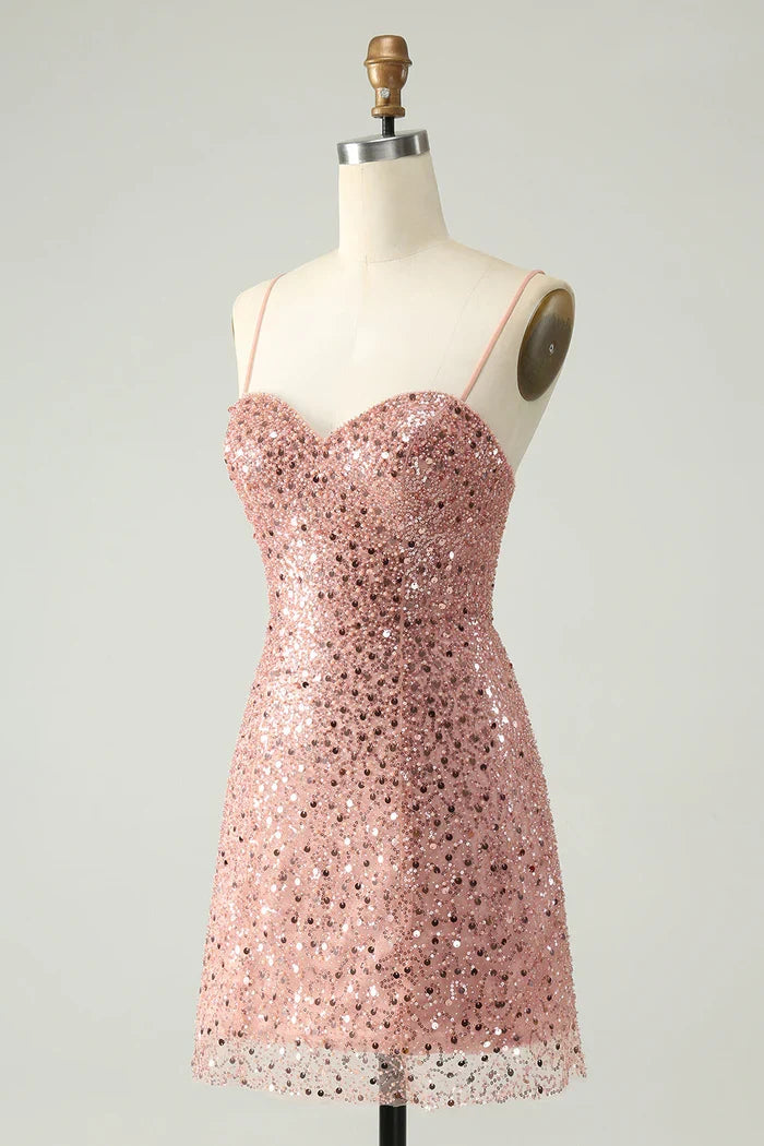 Dress Sparkly Blush Spaghetti Straps A Line Short Homecoming Dress Sleeveless Sequins Party Dress