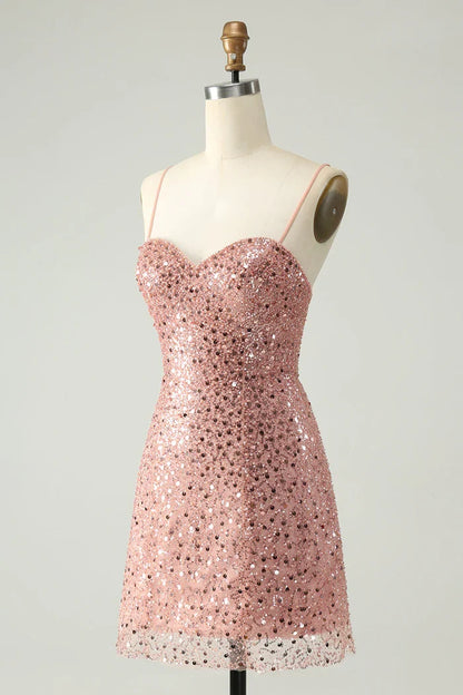 Dress Sparkly Blush Spaghetti Straps A Line Short Homecoming Dress Sleeveless Sequins Party Dress