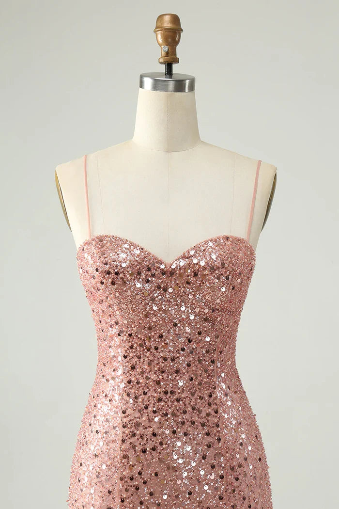Dress Sparkly Blush Spaghetti Straps A Line Short Homecoming Dress Sleeveless Sequins Party Dress