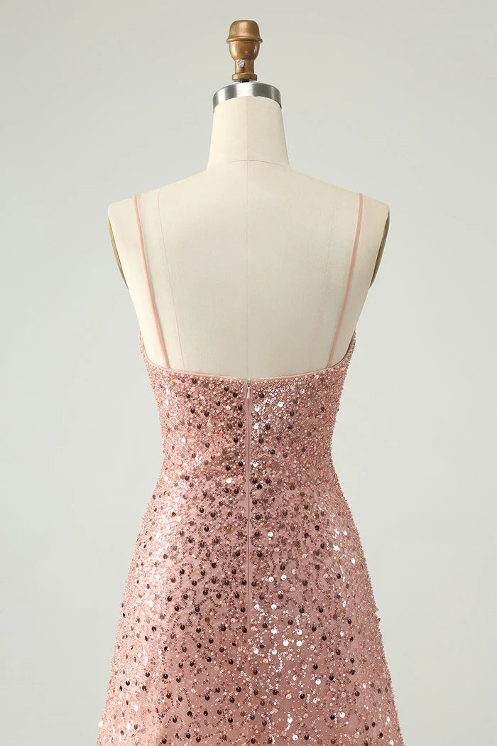 Dress Sparkly Blush Spaghetti Straps A Line Short Homecoming Dress Sleeveless Sequins Party Dress