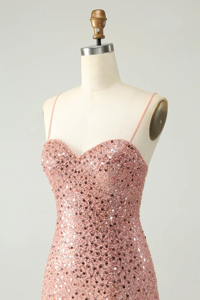 Dress Sparkly Blush Spaghetti Straps A Line Short Homecoming Dress Sleeveless Sequins Party Dress