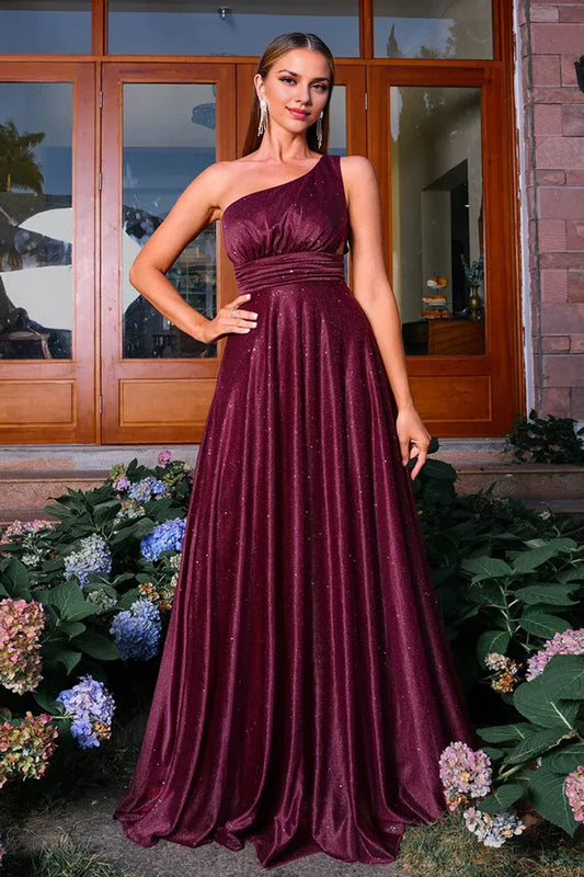 Dress Sparkly Burgunde One Shoulder A Line Maxi Dress Prom Dress With Ruched Evening Dress