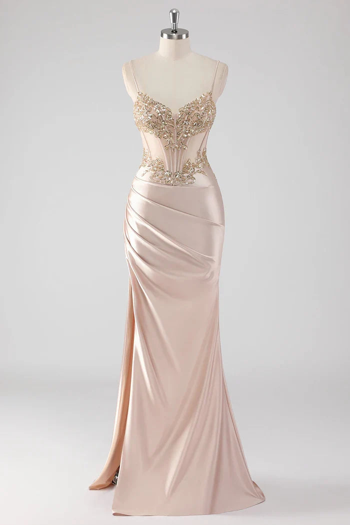 Dress Sparkly Champagne Corset Appliques Party Dress With Slit Prom Dress