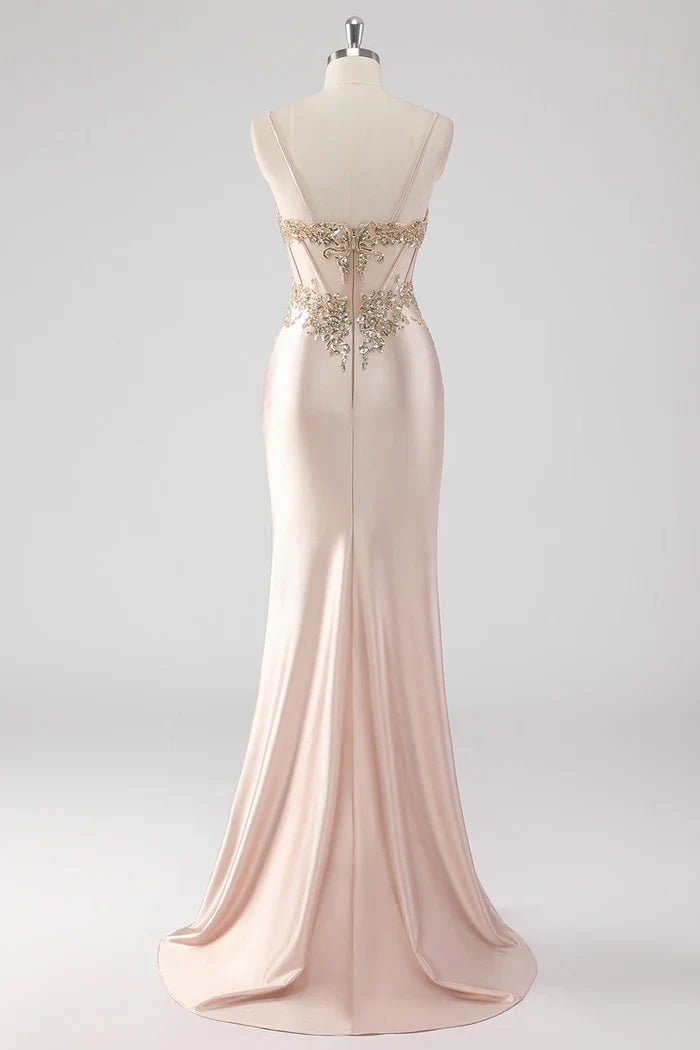 Dress Sparkly Champagne Corset Appliques Party Dress With Slit Prom Dress