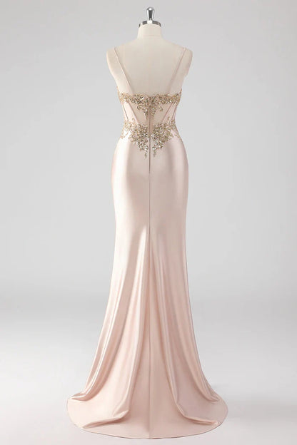 Dress Sparkly Champagne Corset Appliques Party Dress With Slit Prom Dress