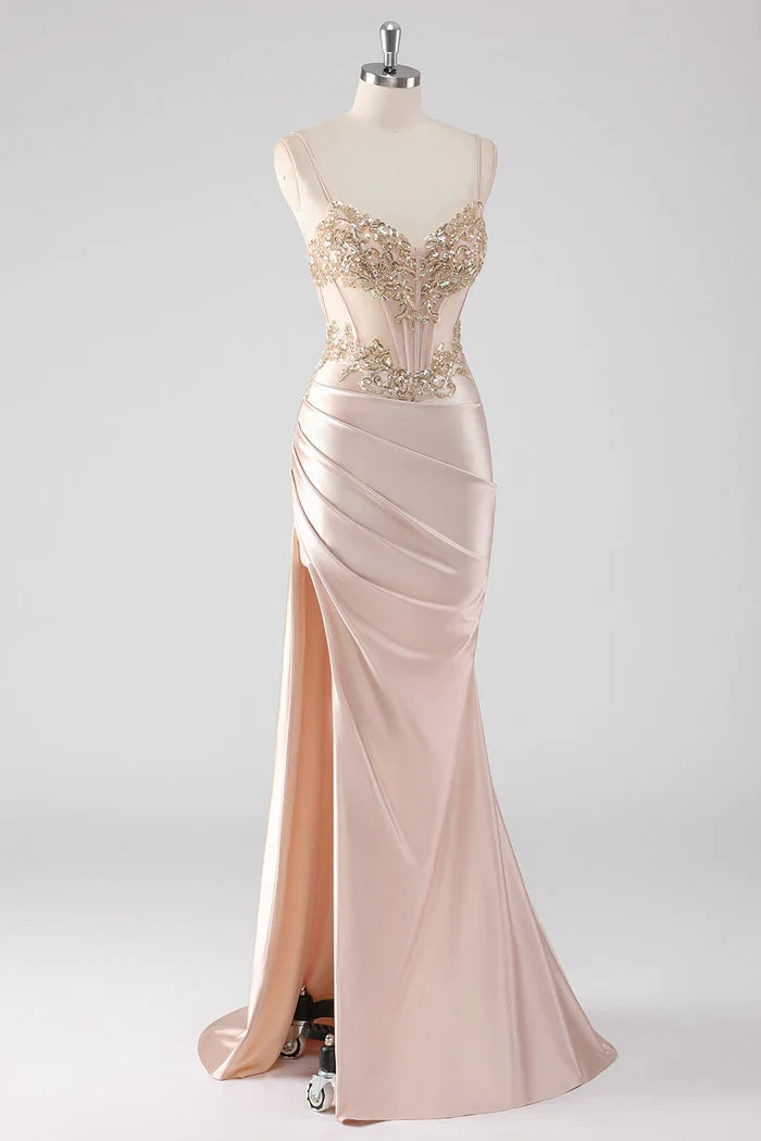 Dress Sparkly Champagne Corset Appliques Party Dress With Slit Prom Dress