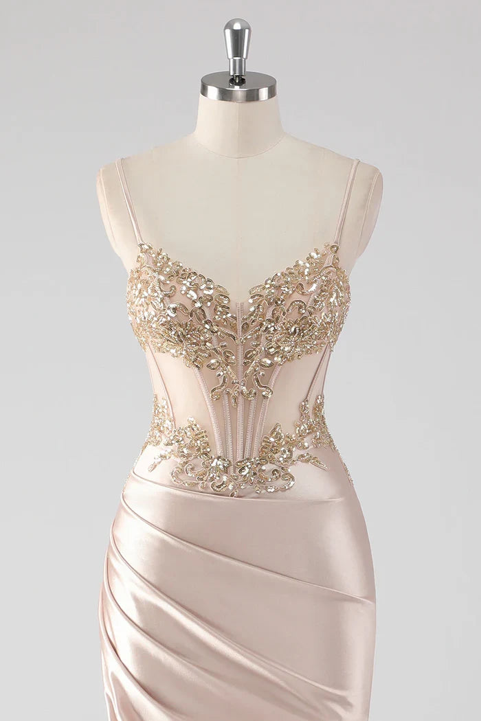 Dress Sparkly Champagne Corset Appliques Party Dress With Slit Prom Dress