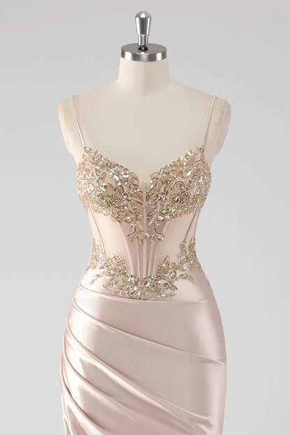 Dress Sparkly Champagne Corset Appliques Party Dress With Slit Prom Dress