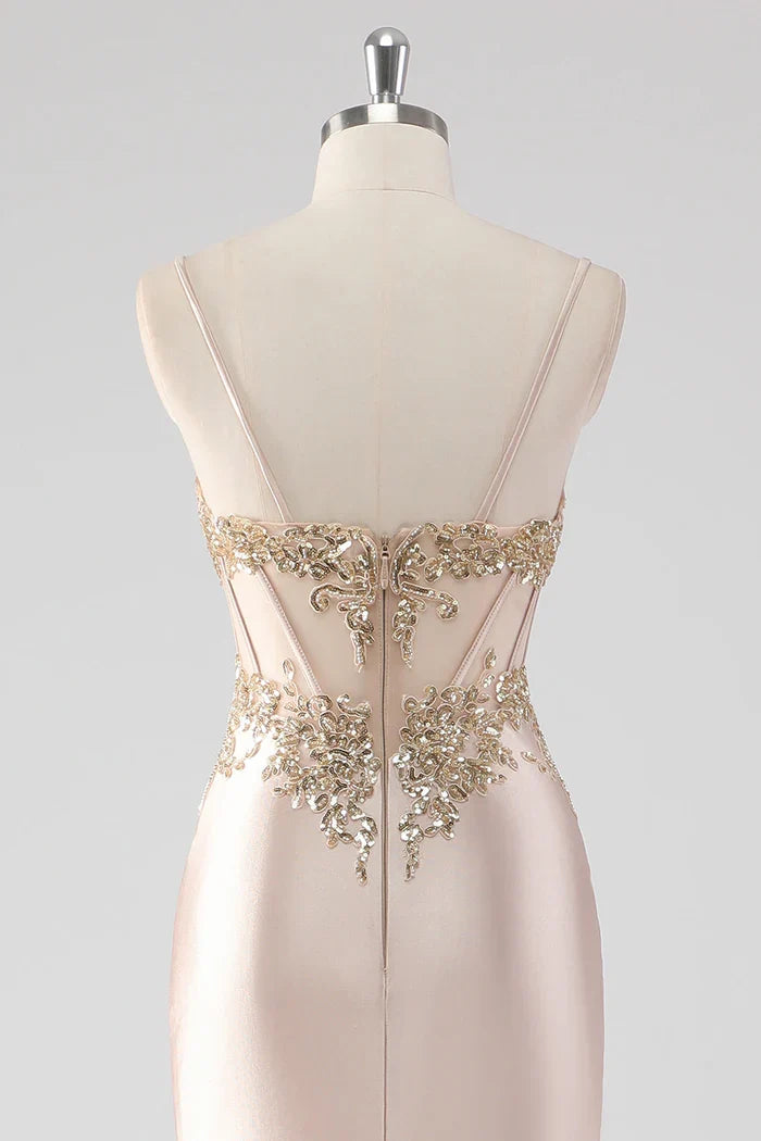 Dress Sparkly Champagne Corset Appliques Party Dress With Slit Prom Dress