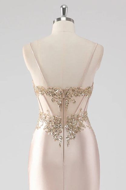 Dress Sparkly Champagne Corset Appliques Party Dress With Slit Prom Dress