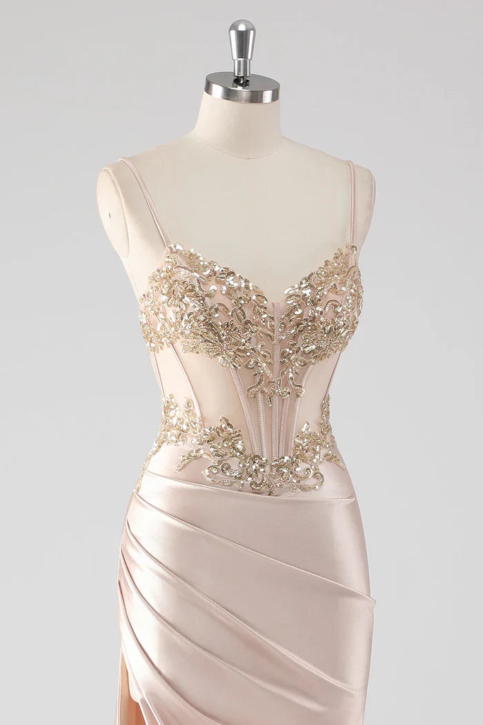 Dress Sparkly Champagne Corset Appliques Party Dress With Slit Prom Dress