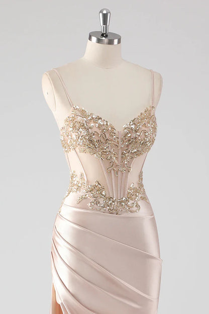 Dress Sparkly Champagne Corset Appliques Party Dress With Slit Prom Dress