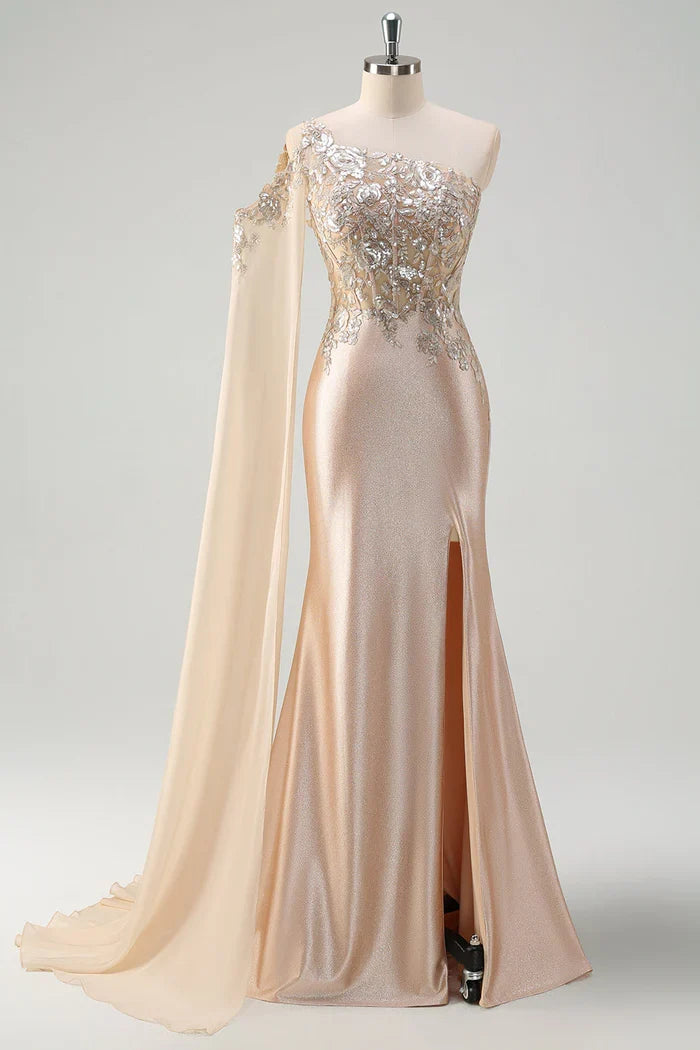 Dress Sparkly Champagne Mermaid One Shoulder Sequin Maxi Dress Prom Dress Sleeveless Slit Evening Dress