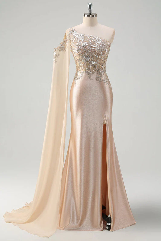 Dress Sparkly Champagne Mermaid One Shoulder Sequin Maxi Dress Prom Dress Sleeveless Slit Evening Dress