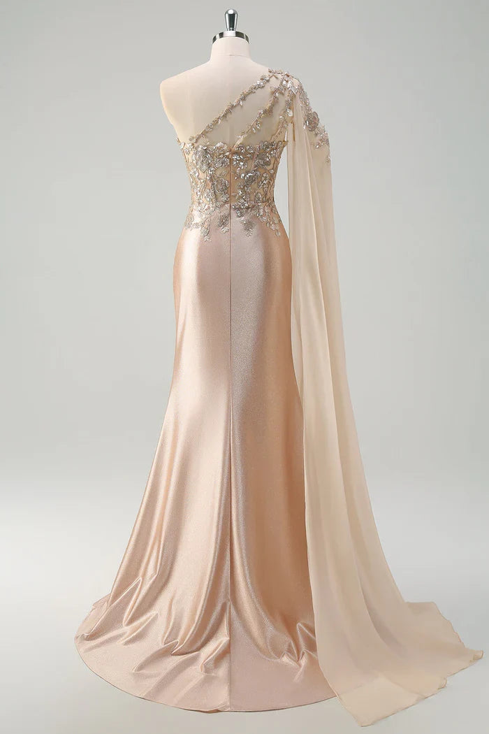 Dress Sparkly Champagne Mermaid One Shoulder Sequin Maxi Dress Prom Dress Sleeveless Slit Evening Dress