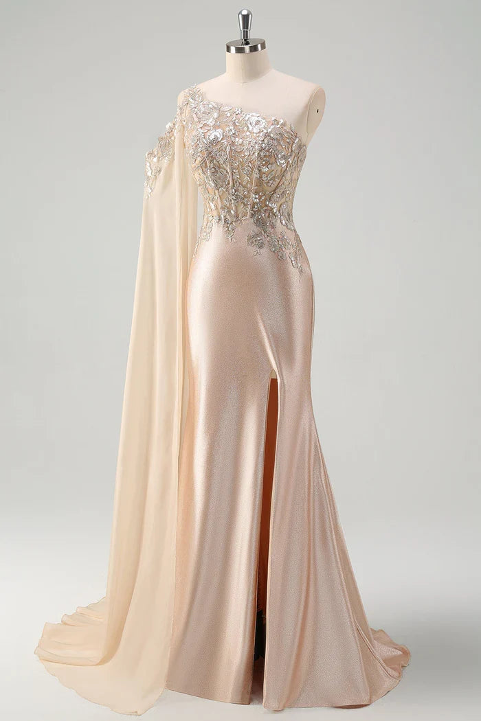Dress Sparkly Champagne Mermaid One Shoulder Sequin Maxi Dress Prom Dress Sleeveless Slit Evening Dress