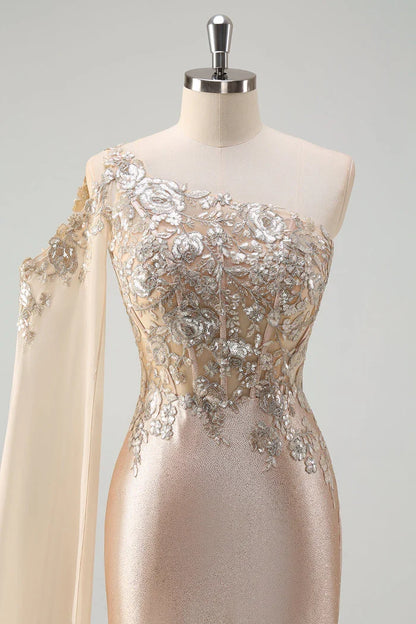 Dress Sparkly Champagne Mermaid One Shoulder Sequin Maxi Dress Prom Dress Sleeveless Slit Evening Dress