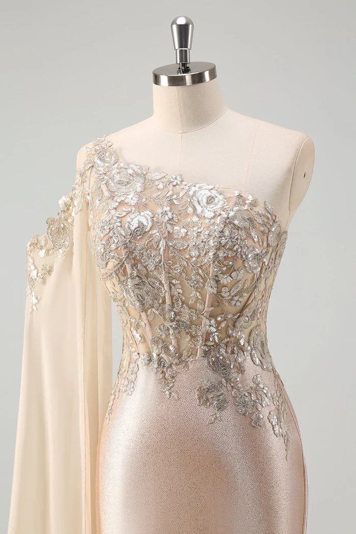 Dress Sparkly Champagne Mermaid One Shoulder Sequin Maxi Dress Prom Dress Sleeveless Slit Evening Dress