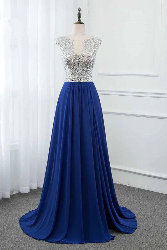 Dress Sparkly Chffon V-Neck Front Slit Royal Blue Evening Dresses With Beading Top Prom Dress