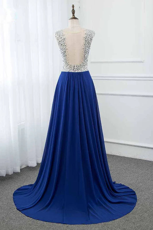 Dress Sparkly Chffon V-Neck Front Slit Royal Blue Evening Dresses With Beading Top Prom Dress