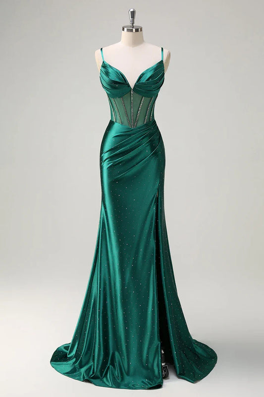 Dress Sparkly Dark Green Mermaid Spaghetti Straps Corset Beaded Maxi Dress Prom Dress Formal Dress With Slit Evening Dress