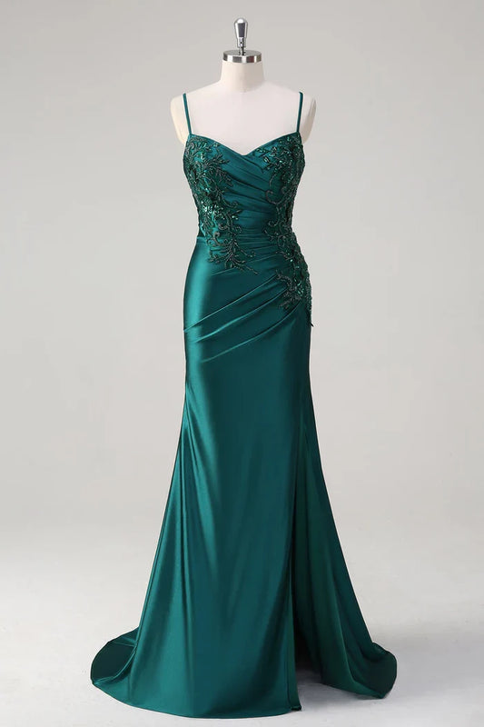 Dress Sparkly Dark Green Mermaid Spaghetti Straps Maxi Dress Prom Dress Formal Dress With Slit Evening Dress