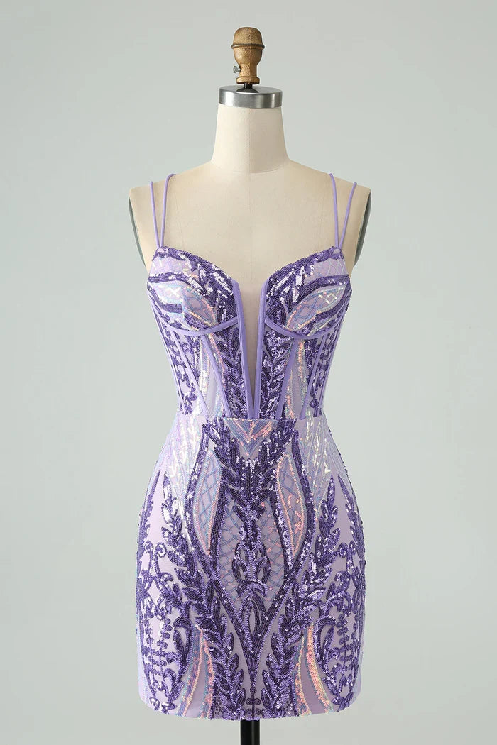 Dress Sparkly Dark Purple Spaghetti Straps Corset Unique Short Homecoming Dress Sleeveless Sequins Party Dress