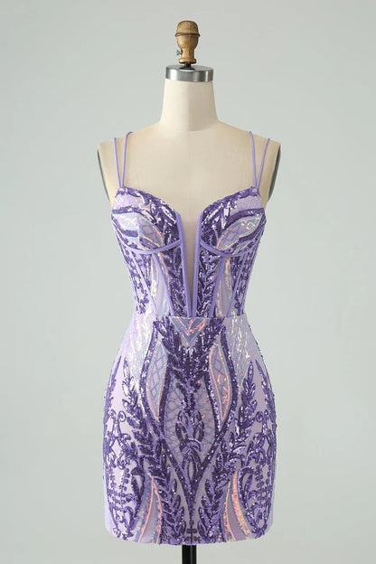 Dress Sparkly Dark Purple Spaghetti Straps Corset Unique Short Homecoming Dress Sleeveless Sequins Party Dress