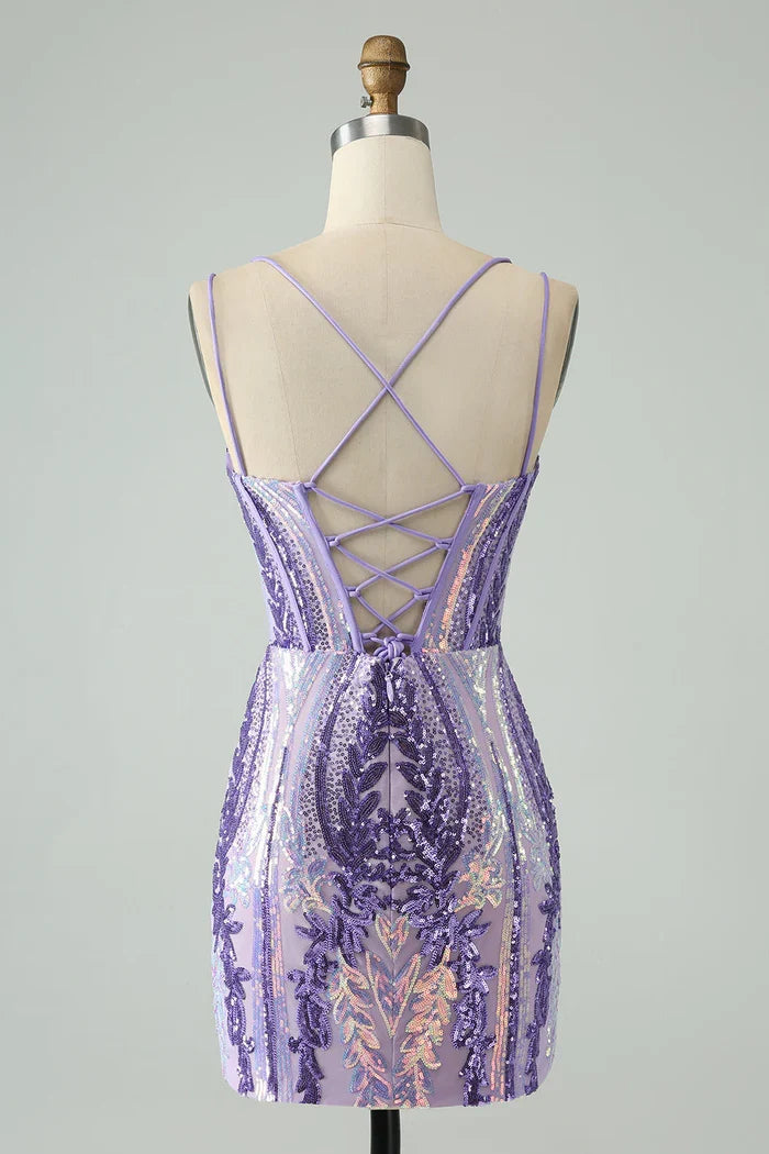 Dress Sparkly Dark Purple Spaghetti Straps Corset Unique Short Homecoming Dress Sleeveless Sequins Party Dress