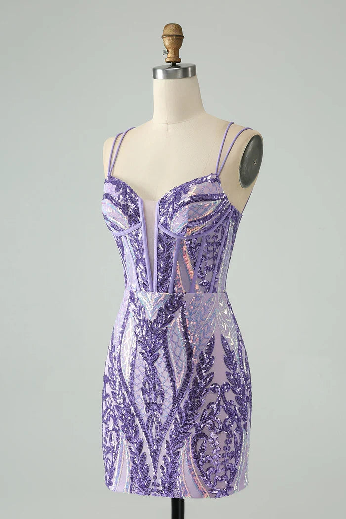 Dress Sparkly Dark Purple Spaghetti Straps Corset Unique Short Homecoming Dress Sleeveless Sequins Party Dress