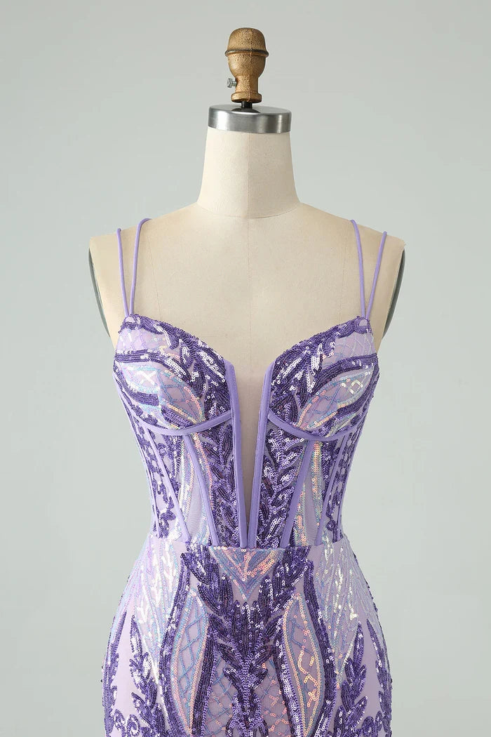 Dress Sparkly Dark Purple Spaghetti Straps Corset Unique Short Homecoming Dress Sleeveless Sequins Party Dress