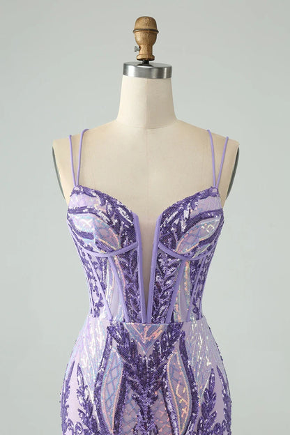 Dress Sparkly Dark Purple Spaghetti Straps Corset Unique Short Homecoming Dress Sleeveless Sequins Party Dress