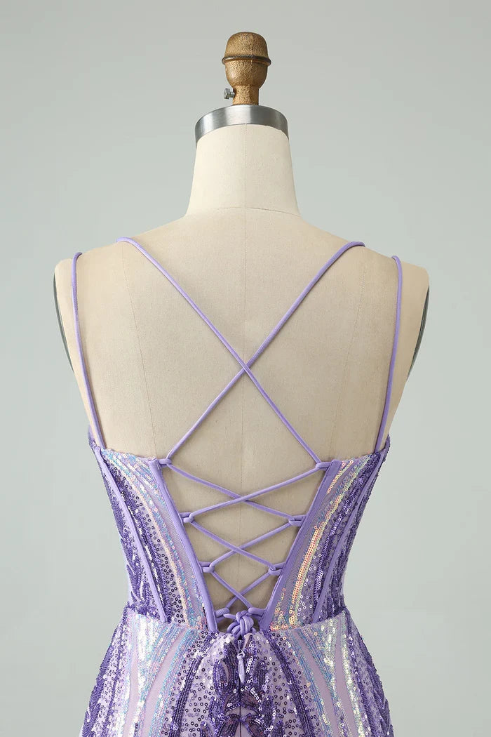 Dress Sparkly Dark Purple Spaghetti Straps Corset Unique Short Homecoming Dress Sleeveless Sequins Party Dress