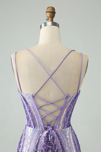 Dress Sparkly Dark Purple Spaghetti Straps Corset Unique Short Homecoming Dress Sleeveless Sequins Party Dress