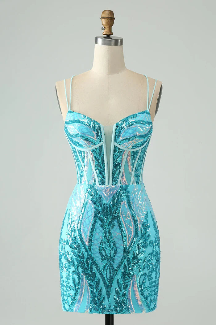 Dress Sparkly Dark Purple Spaghetti Straps Corset Unique Short Homecoming Dress Sleeveless Sequins Party Dress
