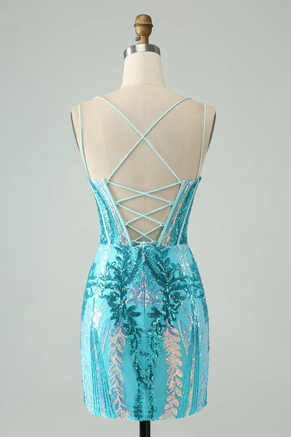 Dress Sparkly Dark Purple Spaghetti Straps Corset Unique Short Homecoming Dress Sleeveless Sequins Party Dress