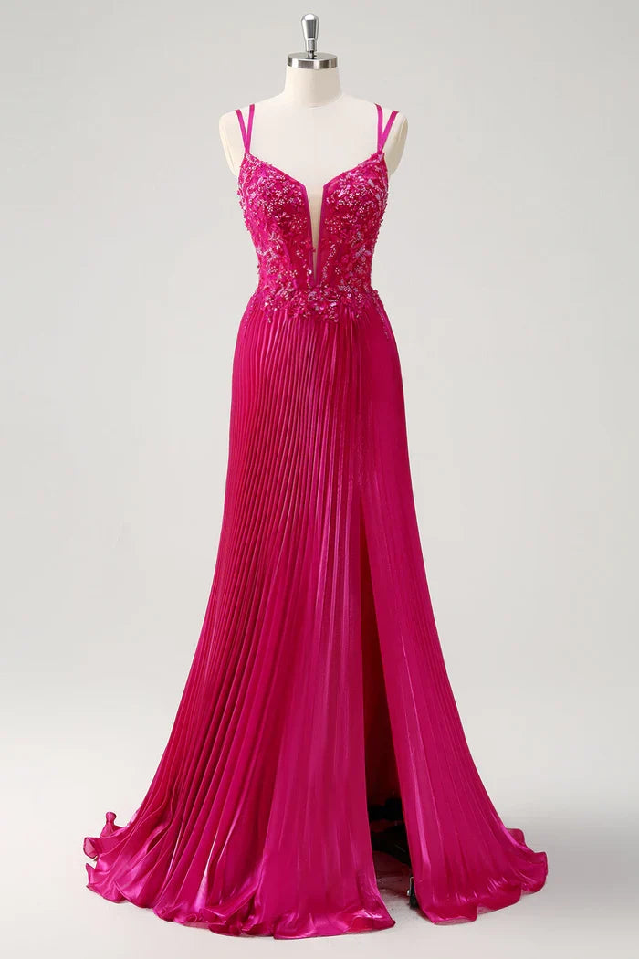 Dress Sparkly Fuchsia A-Line Long Lace Maxi Dress Prom Dress Sleeveless Pleated Evening Dress