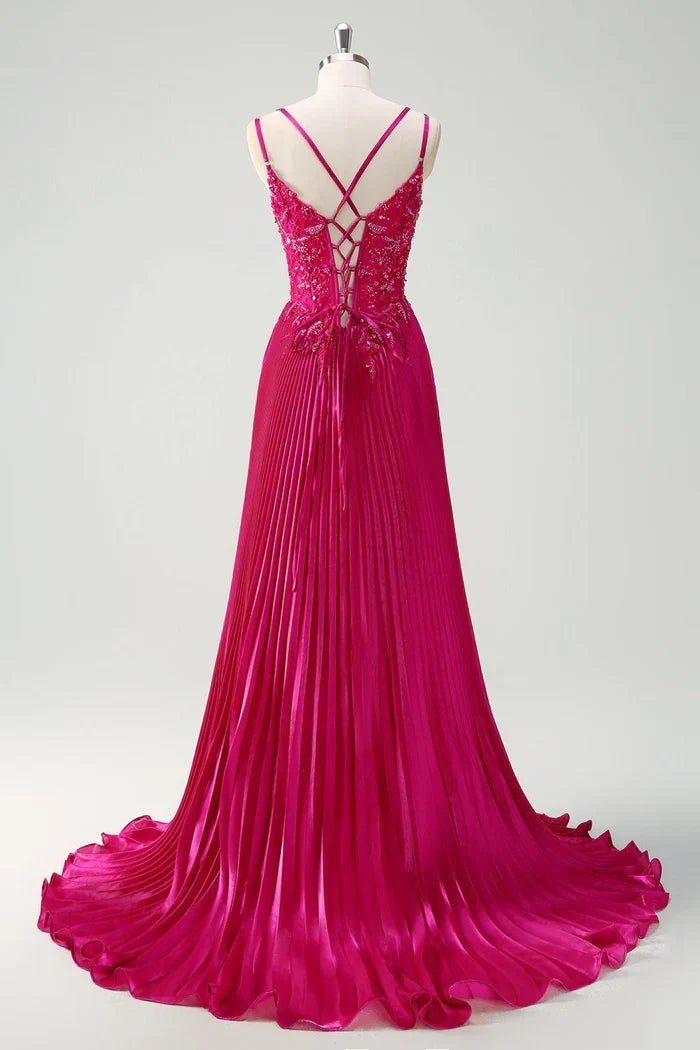 Dress Sparkly Fuchsia A-Line Long Lace Maxi Dress Prom Dress Sleeveless Pleated Evening Dress