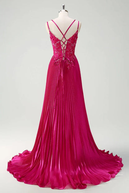 Dress Sparkly Fuchsia A-Line Long Lace Maxi Dress Prom Dress Sleeveless Pleated Evening Dress