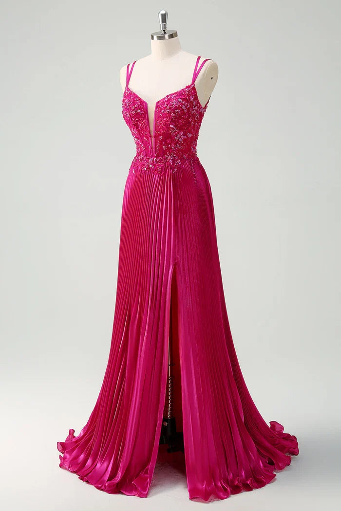 Dress Sparkly Fuchsia A-Line Long Lace Maxi Dress Prom Dress Sleeveless Pleated Evening Dress
