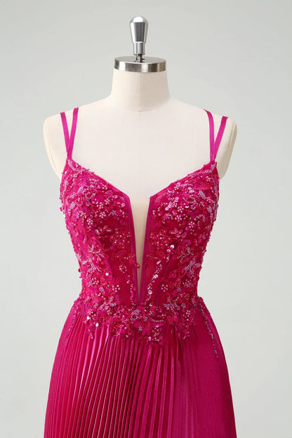 Dress Sparkly Fuchsia A-Line Long Lace Maxi Dress Prom Dress Sleeveless Pleated Evening Dress